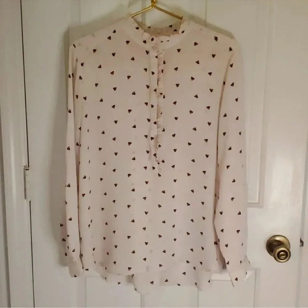 LOFT S Pink Red Floral Ruffle Trim Hidden Quart Button Front Long Sleeve Blouse